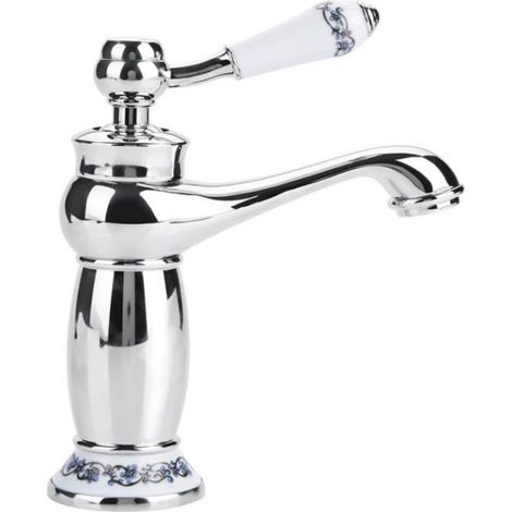 Mitigeur de lavabo en céramique et laiton antique, en porcelaine bleue et blanche, col long, style vintage, pour lavabo et cuisine. Robinet d'eau chaude/froide. (1/5)