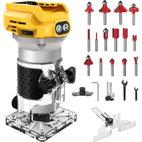 Défonceuse compatible avec batterie Dewalt 20 V, fraiseuse de bordure sans balais 1300 W, à une main, avec 6 vitesses, roue de guidage, guide droit, 15 fraises et 2 clés (sans batterie) (1/5)