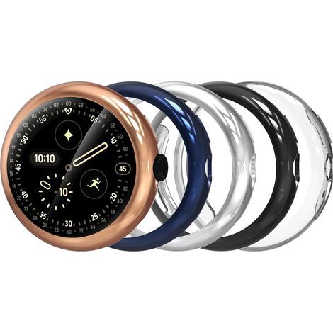 5 Pack Case with Screen Protector Compatible for Google Pixel Watch 4 45mm 2025, Full Protective TPU Case, Ultra-Thin, Transparent, Black, Silver, Blue, Rose Gold (1/5)