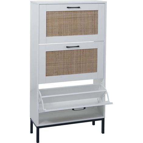Schuhschrank HHG-703, Schuhkipper Schuhregal, 3 Fächer Rattanfront Melamin, 126x63x24cm weiß