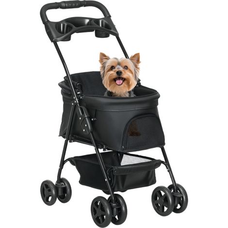 Chariot pliant pour chiens avec roues universelles, fenêtres et plateau en treillis 67 x 45 x 96 cm noir, panier de rangement