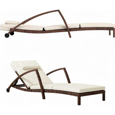 Bain de soleil de jardin avec coussin en tissu, dossier réglable 5 positions, roulettes, accoudoirs et appuie-tête, beige et bois foncé  CHICFURN (1/5)