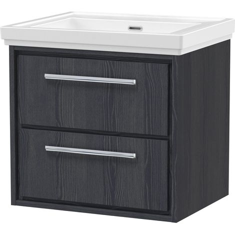 Longnor 2 Drawer Wall Hung Vanity Unit with 0 Tap Hole Traditional Fireclay Basin, Woodgrain Graphite Grey, 600mm (1/4)