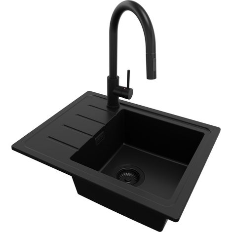 PRIMAGRAN Evier Cuisine en Granit 55x44cm, Lavabo 1 bac + Robinet 40x20cm + Kit de Vidage, Évier à Encastrer au meuble 45cm - Copenhague Easy, Tout Noir