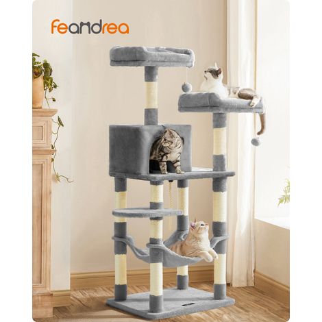 Arbre à Chat 141.8 cm, Griffoir pour Chats, avec 11 Poteaux à Griffer, 2 Plateformes, 1 Niche, 1 Hamac, 2 Pompons, en Peluche, à Plusieurs Niveaux, Gris Tourterelle