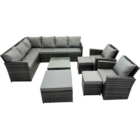 Fimous 11 Seat Poly Rattan Outdoor Patio Coffee Table Corner Sofa Set with 3 Stools 2 Chairs for Garden Backyard Dark Grey Mixed (1/5)