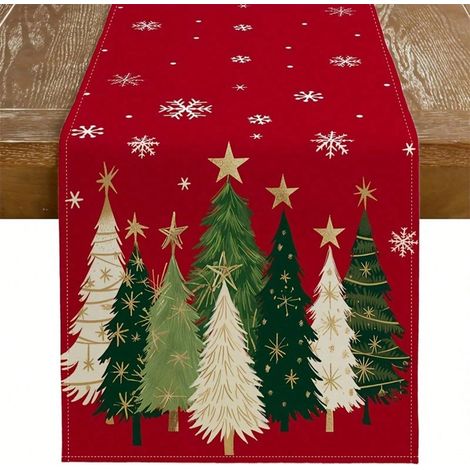 Chemise De Table De Noël - Lin - Motif Flocons Et Arbres - Pour Décoration Intérieure Et Extérieure - 1 Pièce