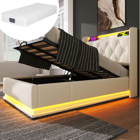 Letto imbottito con contenitore e LED 90x200 cm, PU bianco, testiera capitonné con USB/Type-C, rete a doghe e materasso (1/5)