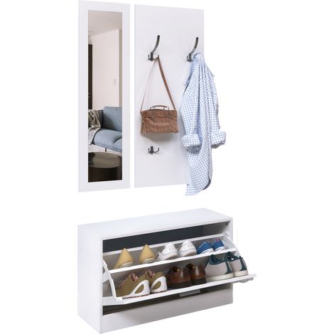 Meuble d’entrée avec banc, blanc, 80 x 27 x 46,5cm, avec crochets, pour entrée couloir, crochets et chaussures, rangement entrée couloir