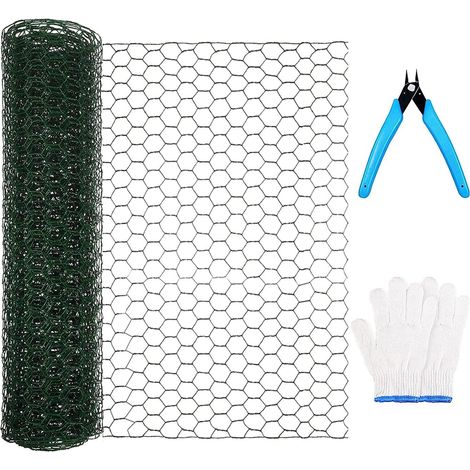 Grillage à poule 40 cm x 3 m Trous de 25 mm avec gants de coupe Clôture hexagonale galvanisée pour travaux manuels, jardin, volaille, matériel en métal pour poulet, chien, lapin, vert (1/5)