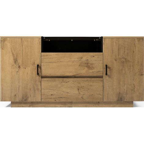 Commode en aspect chêne avec 2 tiroirs, 2 armoires réglables et niche ouverte - Verre ESG teinté brun, poignées noires, 140 x 40 x 70 cm (1/5)