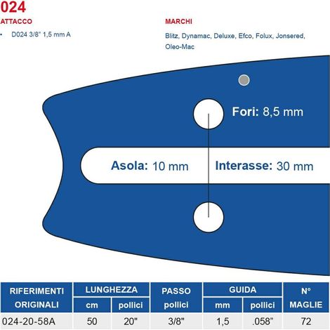 Barra motosega 50 cm - 20" passo 3/8", spessore 1.5 mm - .058" attacco 024, 72 maglie 451746