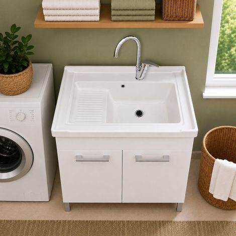 Mobile lavatoio 80x50 bianco con vasca in ceramica e kit di scarico (1/5)