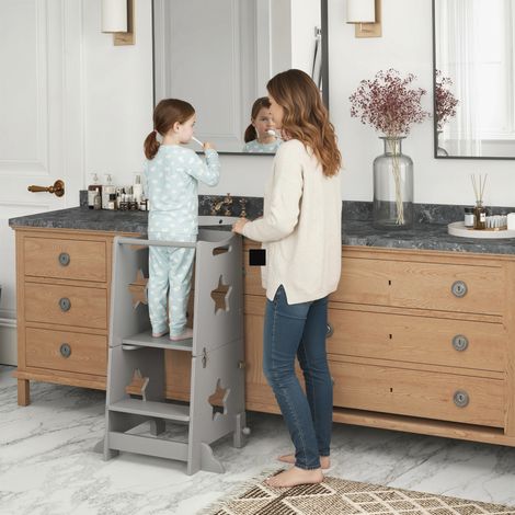 Échelle Montessori convertible en table et chaise avec barre de sécurité, en bois, gris (1/5)