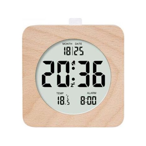 carré Réveil numérique en bois, réveil matinal, horloge numérique LCD avec affichage de la date, de la température, de la répétition, du rétroéclairage, horloge numérique alimentée par batterie (1/5)