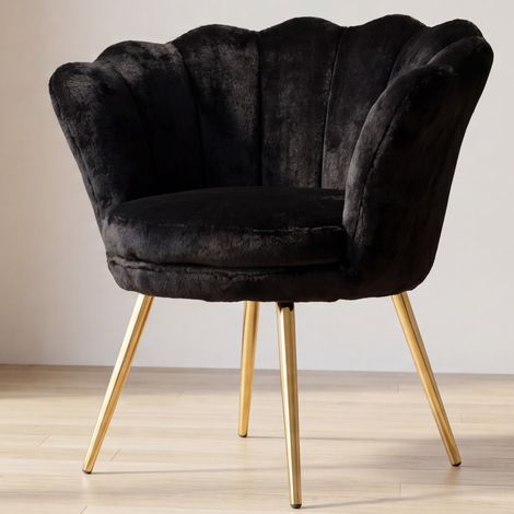 Wahson Freizeitsessel Teddystoff-Bezug, Muschel-Sessel eleganten goldenen Metallbeinen für Schlafzimmer und Wohnzimmer,Schwarz