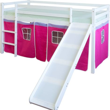 Lit mezzanine 90x200cm avec échelle toboggan en bois blanc et toile rose rouge LIT06114 (1/5)