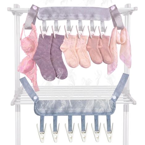 Lot de 2 cintres de voyage pour séchoir à linge chauffant et étendoir à linge pliable et portable en maille avec 6 clips pour chaussettes, sous-vêtements, soutien-gorge, serviette, maison, croisière (1/5)