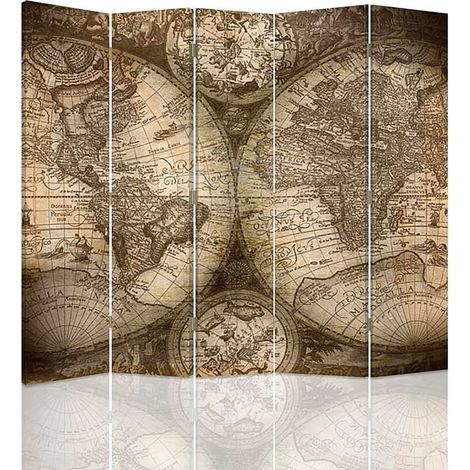 Paravent Déco Vintage Carte du Monde pour Intérieur - 180 x 180 cm - 1 face déco, 1 face noir (1/5)