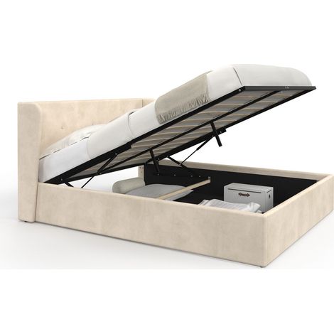 Idmarket – Lit coffre double avec tête de lit enveloppante – Sommier 24 lattes pour matelas 140 x 190 cm – Coffre de rangement XXL – Velours beige (1/5)