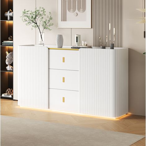 MODFU – Credenza 150x35x80 cm in pannelli con LED Bluetooth, 2 ante, 3 cassetti, portata 50 kg e anti-ribaltamento – Bianco (1/5)