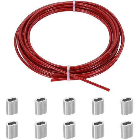 0.12 Pouce x 16.4 Pieds Câble Métallique, Câble En Acier Inox Fil Guide Pour Extérieur Avec 10 Manchons En Aluminium Pour Railing Deck Main Courante Cordes À Linge, Rouge (1/5)