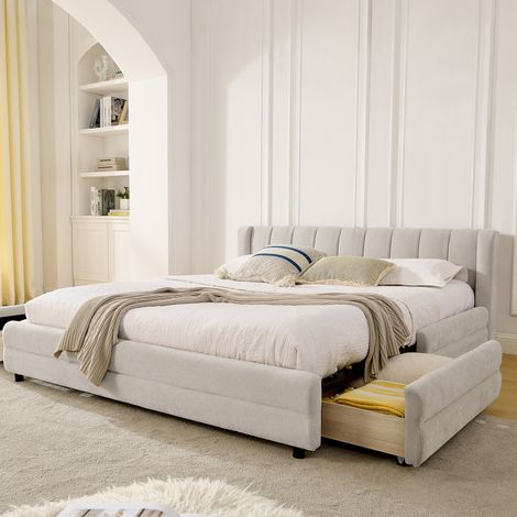Lit double 160 x 200 cm beige chenille, port USB, tissu doux, design ergonomique pour chambres, amis ou appartements, sans matelas