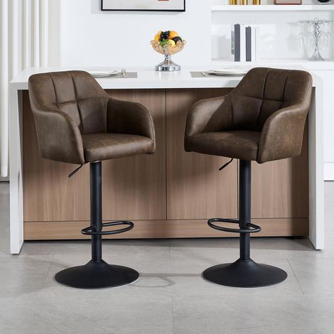 Barhocker 2er Set Lederoptik höhenverstellbar mit Armlehnen & Fußstütze, Braun (1/5)