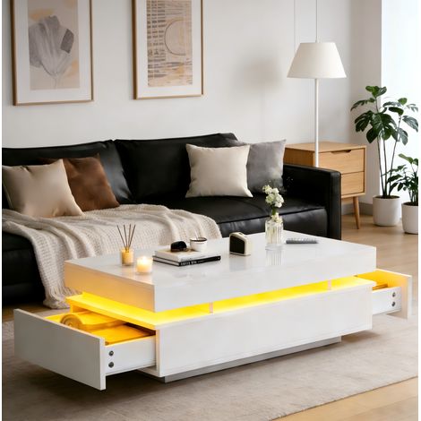 Table salon repas rangement led blanc 100 50 35 cm moderne OKMYHOME (1/5)