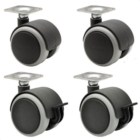 WAGNER Ruote per mobili Set da 4 ruote doppie - SOFT - diametro Ø 50 mm, battistrada morbido, piastra avvitata 42 x 42 cm, 2 con freni, portata 50 kg/ruota - 02172888 (1/6)