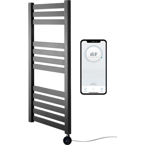 Electric VAS Heated Towel Rail Black 500mm W x 960mm H Smart WiFi Controlled Flat 7 Day Programmable Timer App Compatibility
