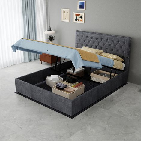Cama tapizada (200x140x156 cm), cabecero alto, incluye colchón, espacio de almacenamiento, tejido y metal gris (1/5)