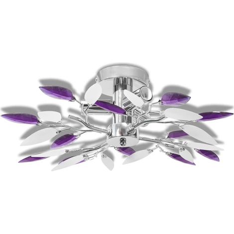 Ceiling Lamp White & Purple Acrylic Crystal Leaf Arms 3 E14 Bulbs vidaXL