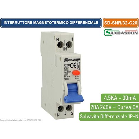SANDASDON INTERRUTTORE MAGNETOTERMICO DIFFERENZIALE SALVAVITA PER BARRA DIN 1 MODULI 1P+N 20A C20 240V 30mA 4.5KA