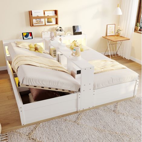 Cama arca 180x200 cm - Cama doble - Con cabecero con LED y toma - Con almacenaje hidráulico - En MDF - Blanco (1/5)