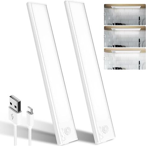 LED Under Cabinet Kitchen 24 cm, 6500 K Light with Motion Detector Interior, 1500 mAh USB Rechargeable Lamp, Suitable for Closet, Nightlight, Staircase, Hallway (2 Pack) (1/5)