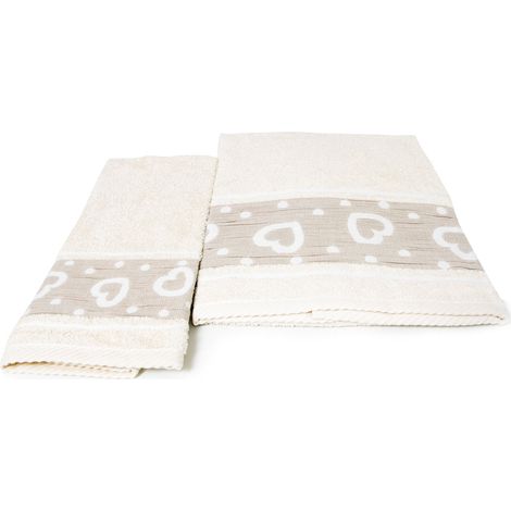 Set Asciugamano Copiola Salvietta Bagno In Spugna 100% Cotone Mod Amore Beige (1/4)