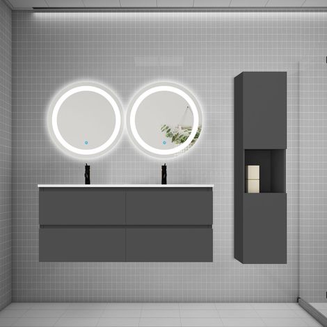 AICA Ensemble meuble double vasque L.120cm 4 tiroirs + lavabo + 2LED miroirs rond 60cm + colonne B,anthracite,easy (1/5)
