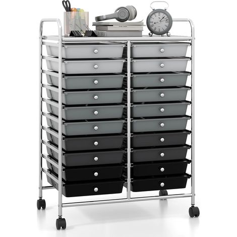 GOPLUS Desserte à Roulettes avec 20 Tiroirs Amovibles en Plastique, 63 x 38 x 89 CM, Chariot de Rangement à Roulettes Verrouillables, Cadre en Acier, Poignée Latéral, pour Chambre, Bureau (Noir-Blanc) (1/5)