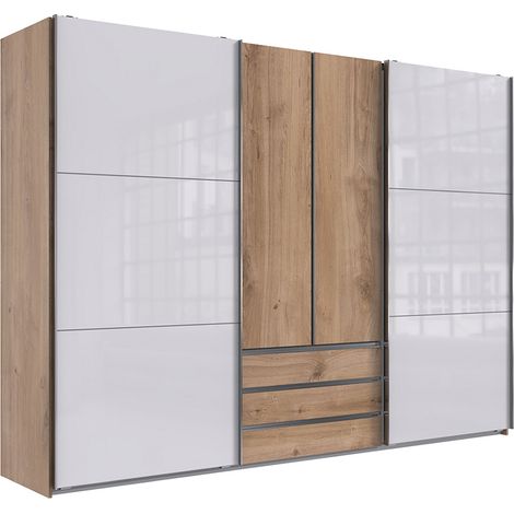 Kleiderschrank in Eiche Schwebetüren mit Glasfront weiß, MIDLAND-43 (1/3)