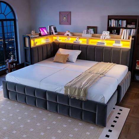 Lit banquette extensible 90/180x200 cm, lit gigogne avec 2 tiroirs, tête de lit à rangements, LED, USB/USB-C, sommier à lattes, velours, gris foncé (1/5)
