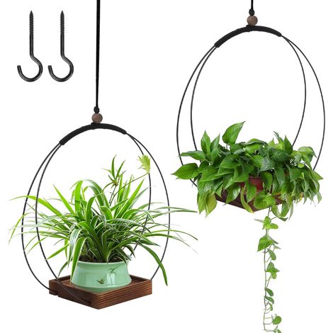 2 Pièces Pot Suspendu Plante Interieur avec Base en Bois, Boho Moderne Suspension Plante Intérieure, Decoration Chambre Aesthetic, pour Plantes de Petite à Moyenne Taille (Noir) (1/5)
