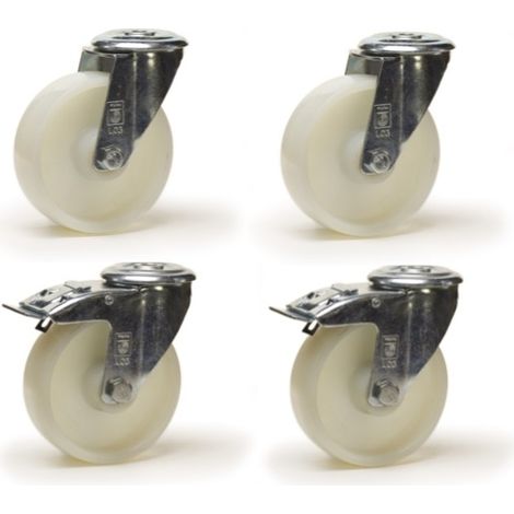 Lot de 4 roulettes à oeil pivotantes et pivotantes à frein 80 mm polyamide blanc - 450Kg (1/3)