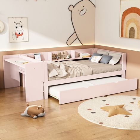Cama infantil 90x200 cm rosa de pino y MDF con cama nido, escritorio y estantes (1/5)