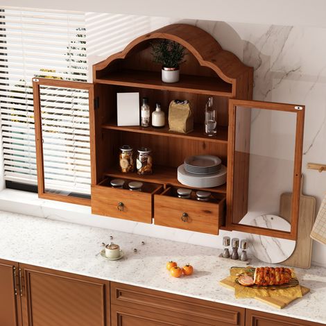 REDOM armario de pared 60x22x76.5 cm, estantes ajustables, con cajones, madera maciza y vidrio templado marrón (1/5)