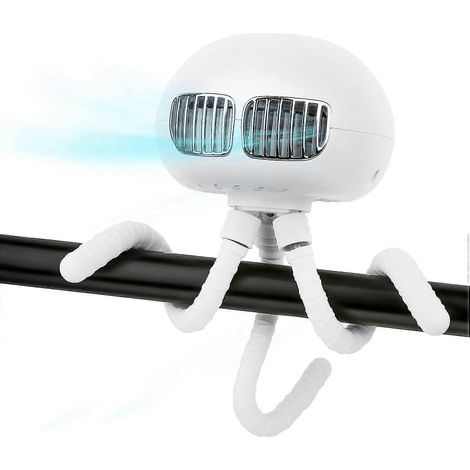 Ventilateur sans pales pour poussette avec trépied flexible, rechargeable par USB, puissant et silencieux, 3 vitesses, idéal pour le lit, le bureau, le siège auto, le vélo et le camping (blanc). (1/4)
