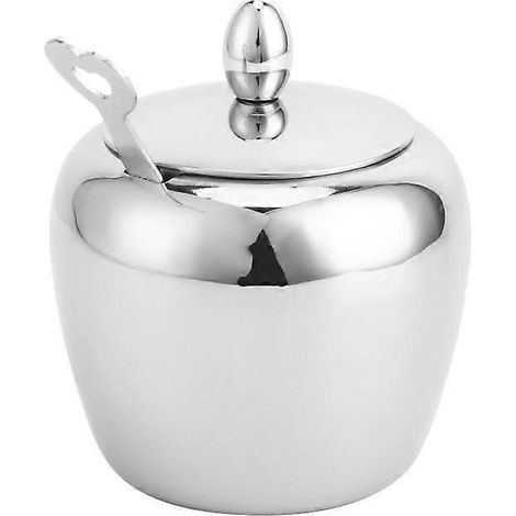 Pot à sucre Kitchenexus en acier inoxydable de grande taille, avec couvercle et cuillère à sucre, en forme de pomme, capacité de 325 ml (11 oz), compatible avec les sucriers. (1/5)
