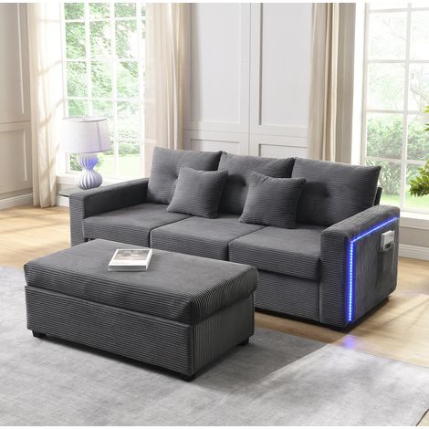 Divano angolare modulare in tessuto a coste grigio antico con LED, pouf amovibile e funzione letto singolo (1/5)