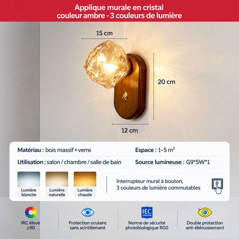 Applique murale LED design verre ambré avec variation 3 couleurs lampe d'ambiance effet lave corps en bois pour chambre salon 1 kg – Livraison gratuite