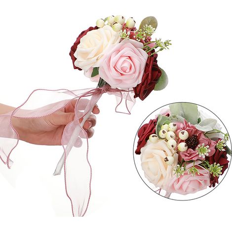 Künstlicher Hochzeitsblumenstrauß, naturgetreu, exquisit, künstlicher Brautjungfernstrauß mit Rosen in Rosenrot (1/3)